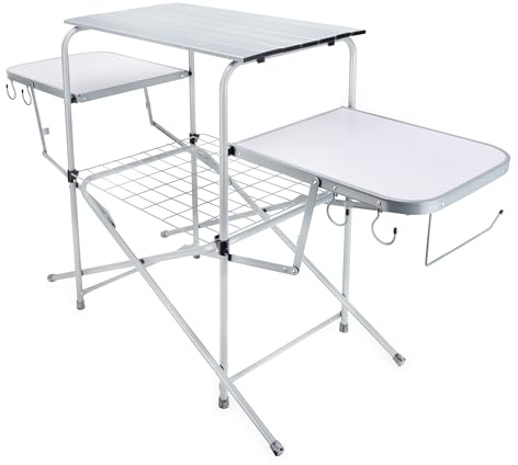 Camco Olympian Deluxe Portable Grill Table - Provides Plenty of Room for Grilling Gear While Camping - Folding Grilling Table Collapses for Compact Storage - Supports Up to 100lb (57293)
