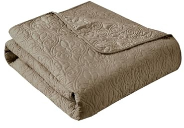 Madison Park Luxe Quilted Throw Blanket - Damask Stitching Design, Cotton Filled Spread, Ultra Soft, Cozy Bedding for Living Room Couch, Sofa, Bed, 60x70, Piping Borders Khaki