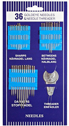 Nadelset : 36 Nähnadeln (Handnähnadeln & Stopfnadeln) in verschiedenen Stärken und Längen + 1 Nadeleinfädler