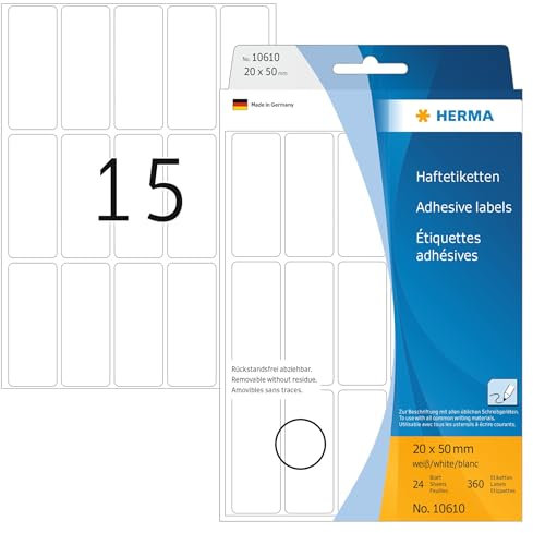 HERMA 10610 Vielzweck-Etiketten ablösbar, 360 Stück, 20 x 50 mm, 15 pro Bogen, selbstklebend, Haushaltsetiketten zum Beschriften, matt, blanko Papier Klebeetiketten Aufkleber, weiß