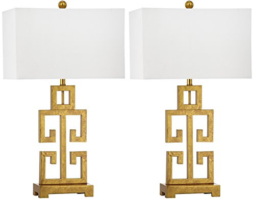 SAFAVIEH Lighting Collection – Greek Key Table Lamp Set of 2 – Antique Gold Metal Base with White Fabric Shade, LED Bulbs Included, 29-Inch Bedroom Living Room Desk Lamps (LIT4305A-SET2)