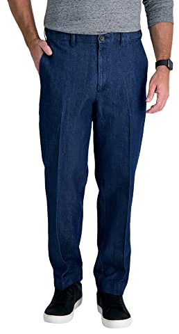 Haggar Men's Stretch Denim Expandable Waist Classic Fit Flat Front Pant, Medium Blue, 38Wx30L