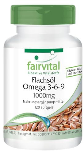 Fairvital | Omega-3-6-9 Kapseln - HOCHDOSIERT mit 2000mg LeinsamenÖl (Flaxseed Oil) pro Tagesdosis - natürliches Linolsäure & Alpha-Linolensäure - kaltgepresst - 120 Softgels