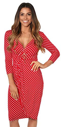 KRISP Women Polka Dot Wrap Midi Dress V-Neck 3/4 Sleeve (Red, 8), 6487-RED-08