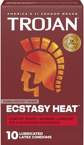 Trojan Ecstasy Heat Latex Lubricated Ribbed Condoms for Men with Warming Lubricant for a Heightened Experience, Helps Reduce Risk of Pregnancy and Sexually Transmitted Infections (STIs), 10 Count