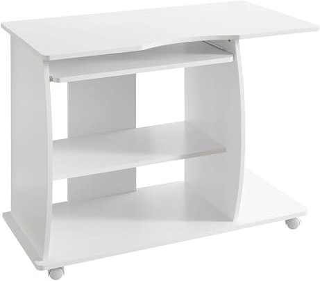 FineBuy Computertisch GRASSE rollbar Weiß 90 x 71 x 50 cm mit Tastaturauszug, Laptop Tisch auf feststellbaren Rollen, PC-Tisch mit Drucker-Ablage platzsparend, Schreibtisch für kleine Räume