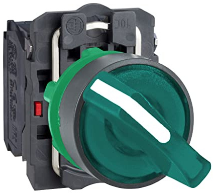 Schneider Electric XB5AK123G5 Harmony bouton tournant lumineux vert, à manette, 2 positions, plastique collerette, 1O+1F, 22 mm diamètre de fixation, 120V