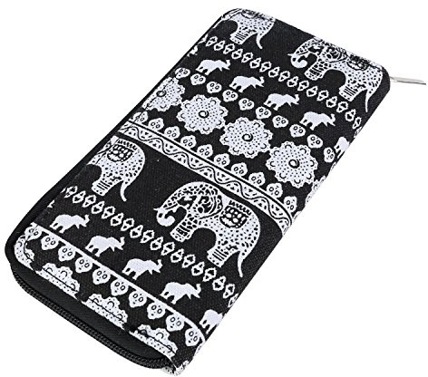 DonDon Geldbörse Damen mit Reißverschluss Portemonnaie Geldbeutel Damen Kinder Mädchen Muster Elefanten schwarz weiß