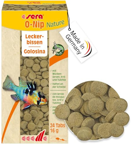 sera O-Nip Nature 24 Tabs 0.6 oz | Complete Feed for all Ornamental Fish | Adhesive Tablets Stick to the Aquarium Glass | High Protein | No Dyes & Preservatives | With Bloodworms, Krill & Tubifex