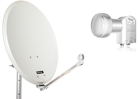 OPTICUM QA60 Satellitenschüssel 60 cm lichtgrau mit Twin LNB LTP 04H - 4K HD & 3D fähig - Witterungsbeständige Sat-Antenne aus Stahl inkl. 2 Mastschellen - Sat Anlage für 2 Teilnehmer