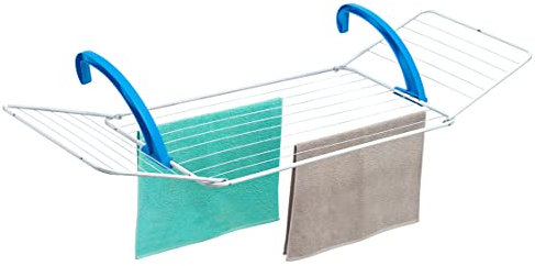 Casabriko 44915 Stendibiancheria da Balcone, Acciaio Verniciato con Ali Extra Stenditura e Braccetti Regolabili in Resina, Bianco/Azzurro, 180x55x4.5 cm