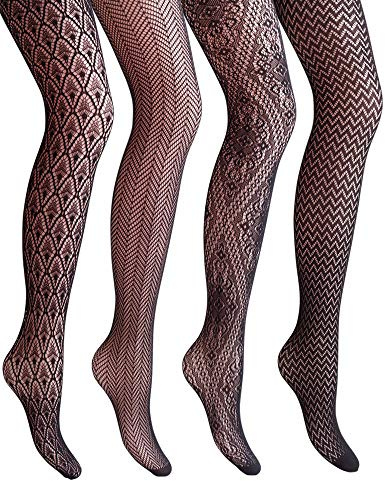 VERO MONTE 4 Styles Patterned Fishnets Tights 4 Pairs Small Hole Black Stockings