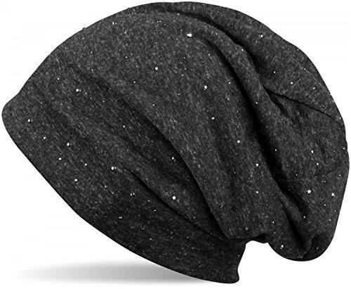 styleBREAKER Damen Beanie Mütze mit edler Strass-Nieten Applikation, Longbeanie Slouch 04024037, Farbe:Schwarz meliert/Used Look