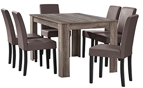 [en.casa] Esstisch Eiche antik mit 6 Stühlen braun Kunstleder gepolstert 140x90 Essgruppe Esszimmer