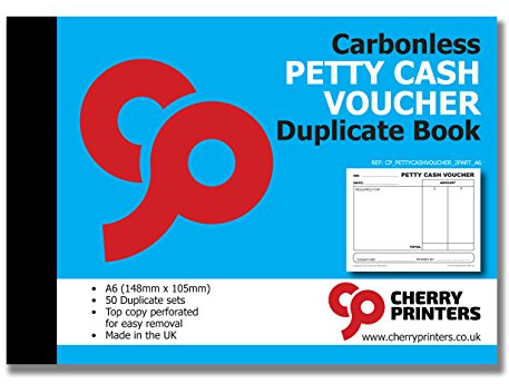 Cherry Carbonless Petty Cash Voucher Duplicate Book | A6 (148mm x 105mm) | 50 Perforated Sets | Made in The UK