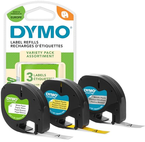 DYMO Original LetraTag Etikettenband | Papier/Kunststoff/Metall | 12 mm x 4 m | selbstklebendes Etiketten | für LetraTag-Beschriftungsgerät | 3 Etikettenkassetten