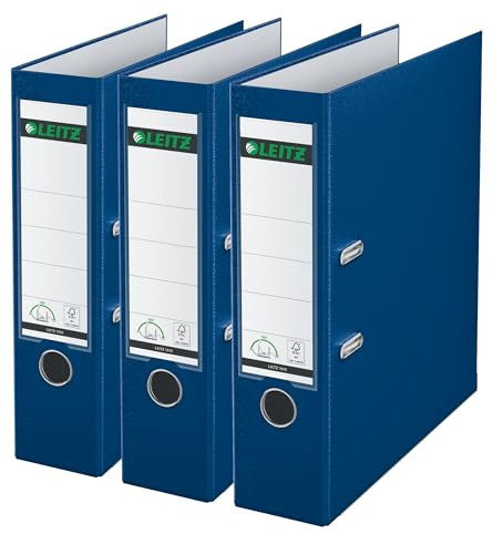 Leitz Qualitäts-Ordner 180° Plastik, 3er Pack, das Original, A4 Aktenordner 8 cm breit, 90% Recycling-Karton, 30% Pre-Consumer Recycling-Kunststoff, 180° Mechanik, 600 Blatt Kapazität, Blau, 310335035