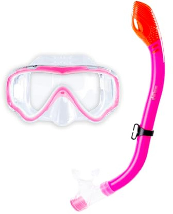 Two Bare Feet Kids Dry Top Snorkelling Set – Junior Silicone Mask & Snorkel, Anti-Fog Diving Mask for Children, Adjustable Swimming & Snorkelling Gear (Pink)