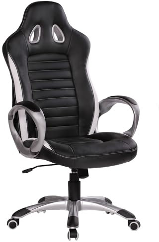 AMSTYLE Bürostuhl Leder Optik Schwarz Gaming Chefsessel mit Armlehne gepolstert 110 kg Sport-Sitz Drehstuhl Kopfstütze Race Schreibtischstuhl Gamer Design Modern Drehsessel Racing