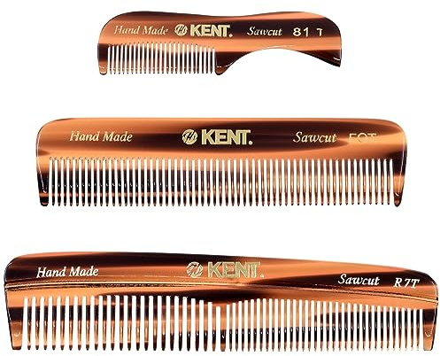 Kent Set Men's Hair Pocket Combs, Tortoise 81T X-Small, FOT All Fine Tooth, R7t Double Toothed Fine and Coarse. Best Hair, Beard and Mustache Grooming Kit for Travel and Home Care, Handmade in England