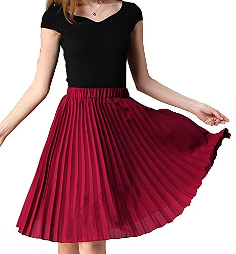 TEERFU Womens Skirt Knee Length Pleated A-line Midi Skirts Elasic Waist Skater Falred Solid Dress