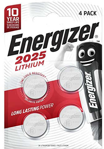 Energizer Pilas CR2025 (Paquete de 4) - Baterías de Botón 3V Litio - Para llaves de control remoto y relojes deportivos - Embalaje seguro - 10 años de Almacenamiento