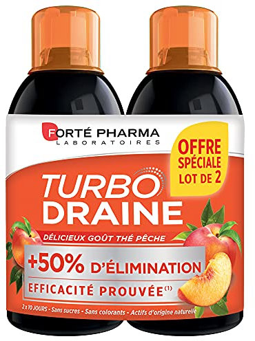 Forté Pharma - TurboDraine Pêche | Complément Alimentaire à base de Thé vert et Reine des prés - Elimination, Drainage, Brûle-graisse | Lot de 2 x 500 ml