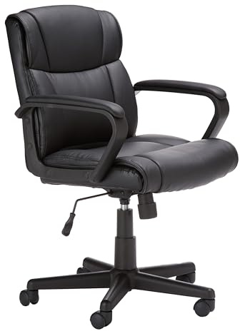 Amazon Basics Office Task Chair with Adjustable Height, 360° Swivel, Padded Armrests, Mid-Back, Rolling, 275 Pound Capacity, 24.2D x 24W x 34.8H, Black Faux Leather