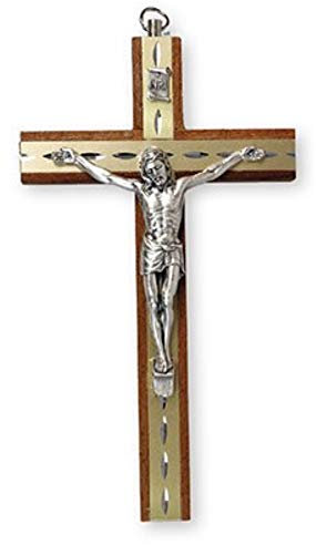 15cm Mahogany Wood Crucifix Cross Wall Hanging Wall Hanging Silver Jesus Diamond Cut Inlay 10581