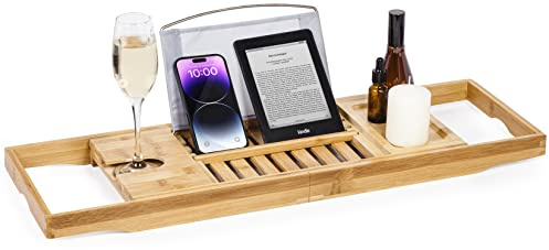 Woodluv Extendable Bath Tray, Bathtub Caddy Tray with Wine Glass, Candle, Book Holder, iPad & Phone Holders, Bathroom Accessories