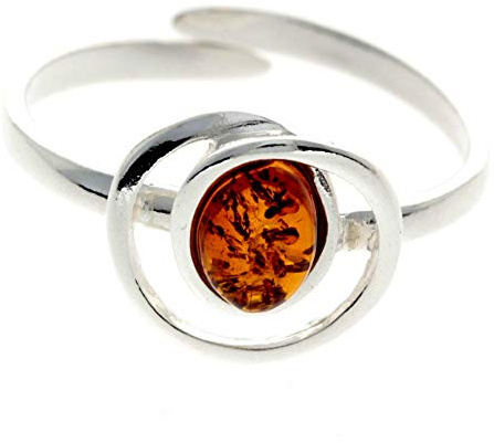 Adjustable Sterling Silver & Genuine Cognac Baltic Amber Modern Ring - GL489A