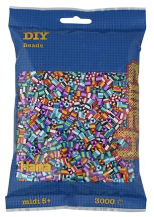 Hama Perlen 201-90 Bügelperlen Beutel mit ca. 3.000 bunten Midi Bastelperlen mit Durchmesser 5 mm im Mix gestreift, kreativer Bastelspaß für Groß und Klein