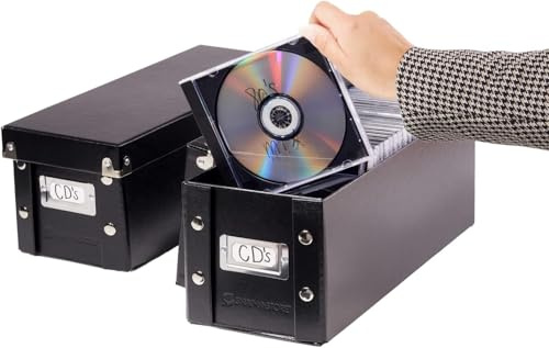 Snap-N-Store CD Storage Box - 2 Pack - Durable 5.1 x 5.1 x 13.2 Inch Disc Holders with Lids to Store up to 52 CDs - Black