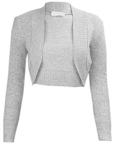 My Fashion Store Damen Lurex-Bolero, langärmelig, Cropped-Bolero, gehäkelt, Strickjacke, Größe 36-42 Gr. 38-40, grau