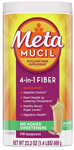 Metamucil, Psyllium Husk Powder, Unflavored with No Added Sweeteners, 114 Servings, 4-in-1 Fiber Supplement, Daily Psyllium Husk Fiber Powder Help Support Digestive Health by Promoting Regularity*