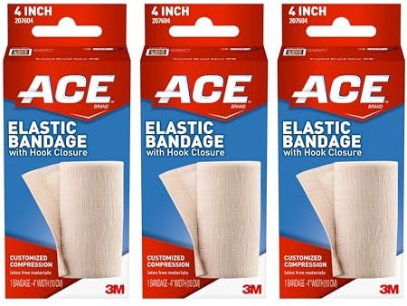 ACE Elastic Bandage with Hook Closure, 4 Inches Wide, Pack of 3 – Adjustable Compression Wraps for Injury Support and Recovery