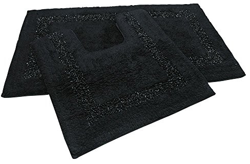 Diamante Sparkle 100% Cotton Heavyweight 2 Piece Bath Mat & Pedestal Bathroom Toilet Set Black (Standard)