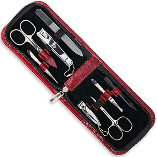 DREI SCHWERTER Germany Maniküreset Nagelnecessaire 'Novara' - 8-tlg. aus weinrotem Kunstleder in Straussoptik, Inhalt: Nagelschere, Glasnagelfeile, Hautschere, Pinzette, Nagelknipser und vieles mehr!