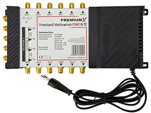PremiumX PXMS Multiswitch 9/12 avec Alimentation - 2 Positions Satellites sur 12 Sorties - Compatible avec Digital HDTV FullHD 4K UHD 8K