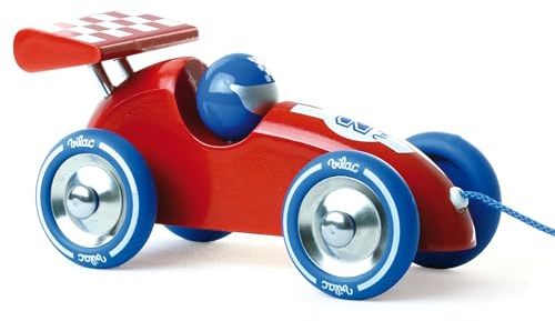 Vilac Wooden Pull Along Racing Car, Pull Toy with String, Made In France, Vintage Design, Comes In Box Great for Gifting, 16 x 9 x 9 cm, Suitable for 18 Months+, Red and Blue