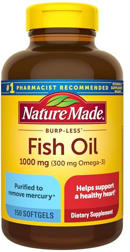 Nature Made Burp Less Fish Oil Omega 3 Supplements, 1000mg Softgels, Omega 3 Fish Oil Supplements for Healthy Heart Support, 150 Softgels, 75 Day Supply