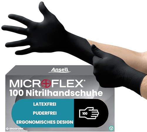 Ansell MicroFlex 93-852 Disposable Gloves, Latex and Powder-Free, Food Certified, Chemical and Mechanical Protection, Multipurpose Professional, Black Size XS (100 Pieces)