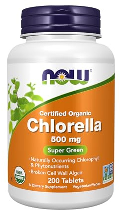 NOW Foods Supplements, Organic Chlorella 500 mg with naturally occurring Chlorophyll, Beta-Carotene, mixed Carotenoids, Vitamin C, Iron and Protein, 200 Tablets