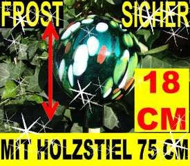 Deko-Gartenkugel 18 cm, Gartenkugel KOMPLETT MIT HOLZ-STIEL, gartendeko kugel FROSTFEST, LICHT- und WETTERBESTÄNDIG und WINTERFEST, für Sommer und Winter, GANZJÄHRIG, groß grün weiß gelb rote Punk