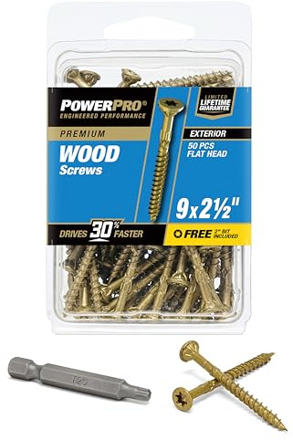 Power Pro 42481 Wood Screws, #9 x 2-1/2, Epoxy Coated, Torx/Star Drive Included, Coarse Thread, Decking Screws, Outdoor Rust Resistant, Bronze, 50pcs