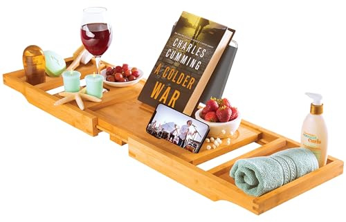 Wooden Bathtub Tray - Foldable Expandable Bamboo Bath Tray for Tub with Wine Holder, Book & Tablet Stand - Bath Caddy for Bathtub, Spa Bath Accessories for Women, Tub Tray Table, Gift for Her or Him