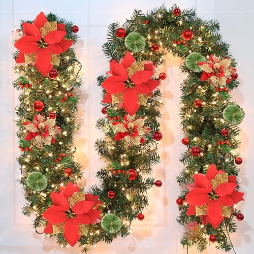 FGHB 2.7M / 9FT Ghirlanda natalizia,Ghirlanda natalizia con luci,ghirlanda natalizia e bacche e palle, per camini, scale, decorazione degli interni, decorazione di Natale