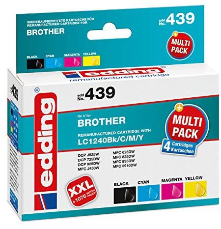 edding Druckerpatrone EDD-439 - Multipack 4 - Schwarz, Cyan, Magenta, Gelb - 1x 16 ml + 3x 8 ml - Reichweite 1x 740 3x 885 Seiten - Ersetzt Brother LC1240BK/C/M/Y