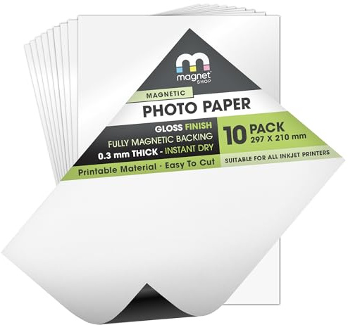 TMS Magnetiskt fotopapper | A4-storlek med glansig finish för hem- och kontorsskrivare | 10-pack