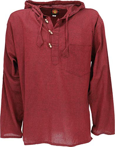 GURU SHOP Nepal Hemd, Goa Hippie Sweatshirt, Yogashirt, Schlupfhemd mit Kapuze - Bordeaux, Herren, Baumwolle, Size:L